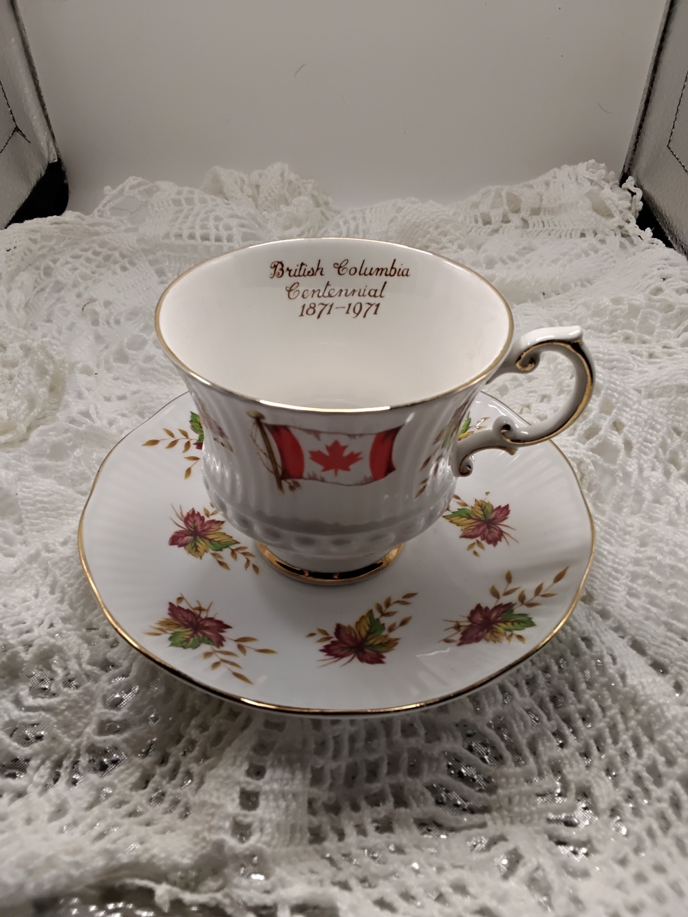 British Columbia Centennial 1871-1971 White and Gold Porcelain Teacup & Saucer